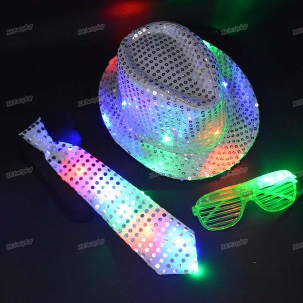 

child woman men flashing sequins fedora jazz cap hip hop hat light up eye glasses wear tie glowing birthday favors neon party