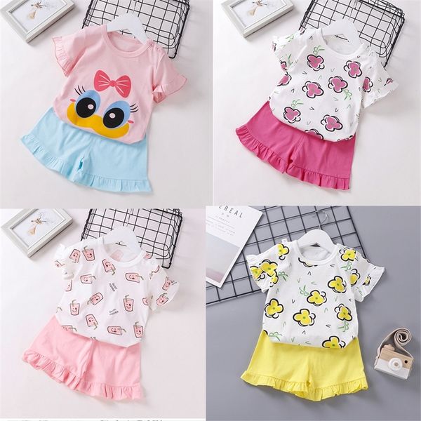 

summer new children clothes girls cartoon flower suit korean baby girls short sleeve set cute sweet plaid two-piece suit outfits lj200819, White