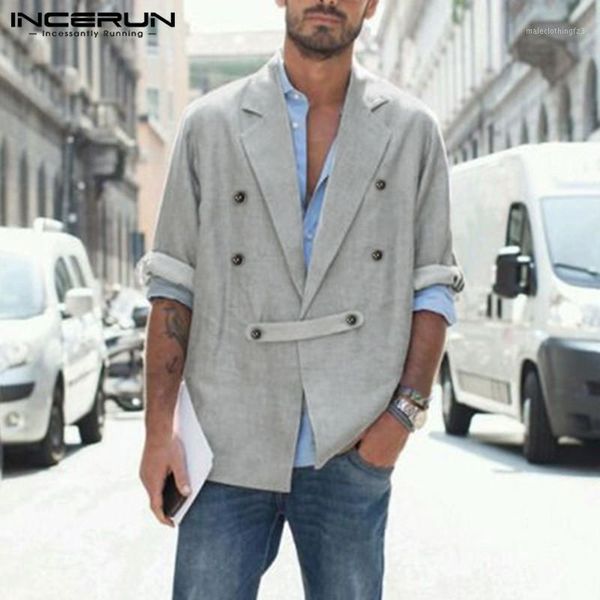 

men's suits & blazers incerun men casual double breasted turn down collar business leisure suit streetwear solid coats long sleeve jack, White;black