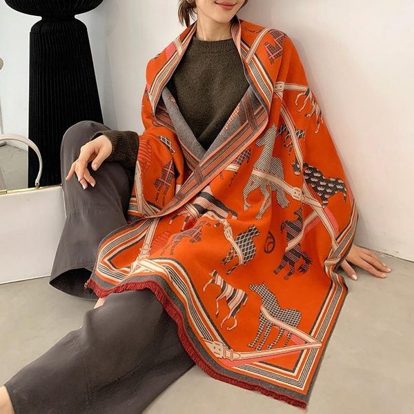

spring winter luxury chain print cashmere scarf for women brand shawl lady wraps thick warm stoles lady blanket, Blue;gray