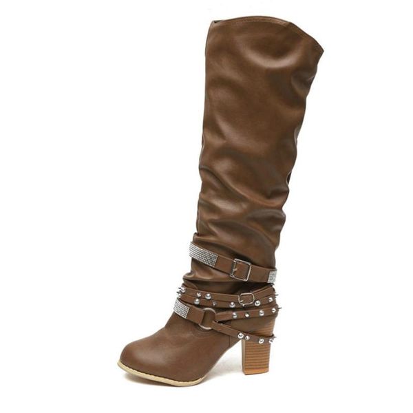 

2020 vintage rivets women boots fashion buckle rhinestone long boots big size ladies square heel knee-high motorcycle, Black