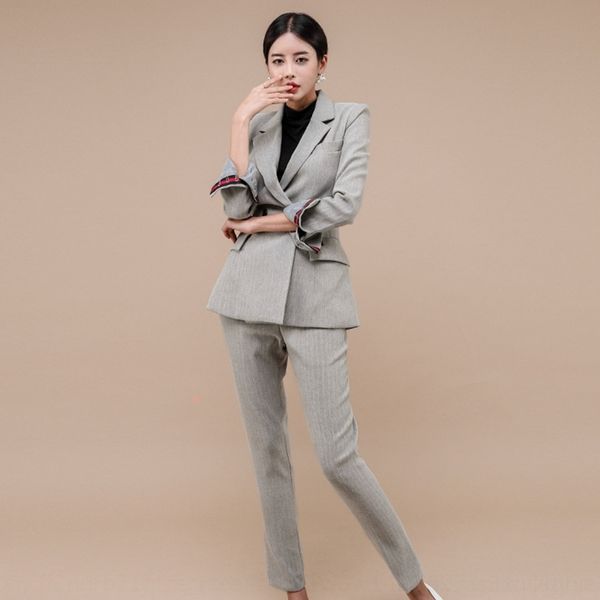 

kp76d women's 2020 autumn and winter new ol suit temperament double-breasted pencil pants coat slim professional coat pencil pants two, Gray