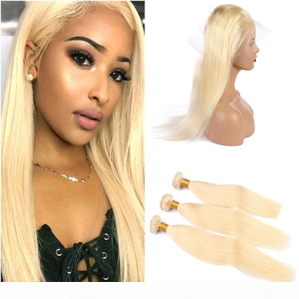 

#613 blonde brazilian virgin hair 360 lace closure with bundles straight bleach blonde weave hair human hair 3bundles with 360 lace frontal, Black;brown