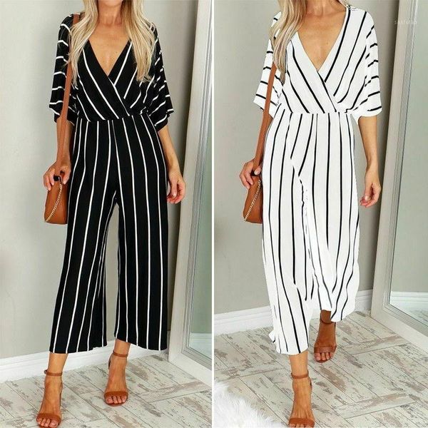 

2020 new summer women v-neck striped jumpsuits rompers fashion ladies loose playsuits wide leg rompers pants clothes1, Black;white