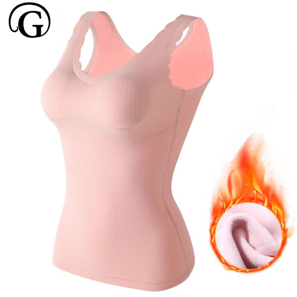 

warm thermal underwear women padded thermo soft sleeveless elastic vest female petal tank with bra 201113, Black;pink