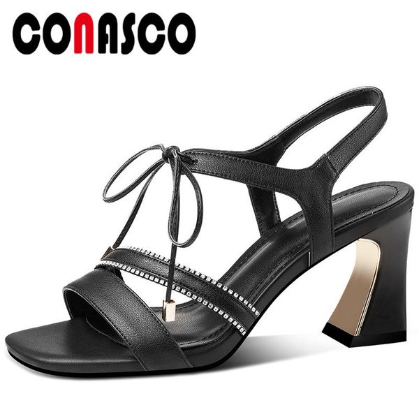 

dress shoes conasco women sandals summer genuine leather pumps fashion rhinestone thick high heels wedding casual lace-up woman, Black