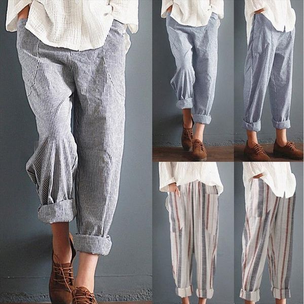 

plus size 5xl cotton linen pants women summer loose harem high waist pocket stripped pants casual pantalon sweatpants trousers, Black;white