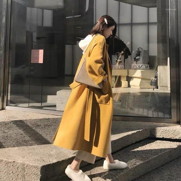 

2020 new designer classic coat double-faced cashmere coat long woolen female fashion warm winter outerwear quality1, Black