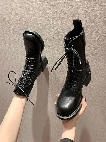 

lace up women's rubber boots fashion womens shoes 2020 clogs platform booties ladies round toe boots-women rain punk autumn, Black