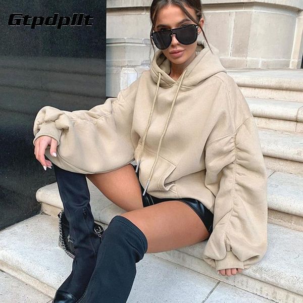 

womens autumn winter white oversized sweatshirt women khaki long puff sleeve ruched casual loose hooded fahion, Black