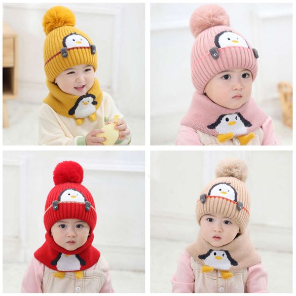 

children's cartoon penguin knitted winter new warm neck suit baby wool hat, Red;brown