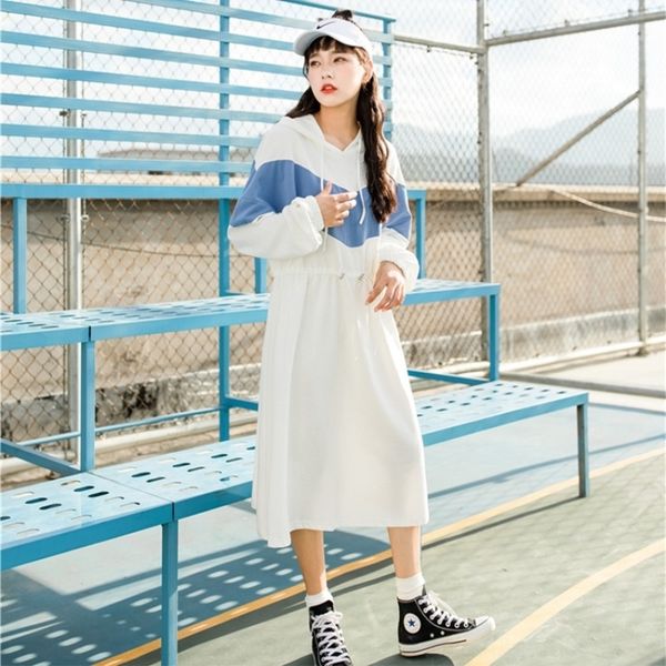 

1c9sn long sleeve spring women's summer 2020 new korean hoodie dress sports waist elastic style contrast stitching hoodie dress 2bxbm, Black;gray