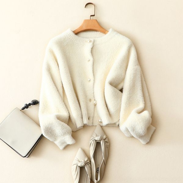 

8m3pw soft button autumn plush mink like short coat for women 2020 spring and pearl small fragrant style short coat sweaterpearlsweater thic, White;black