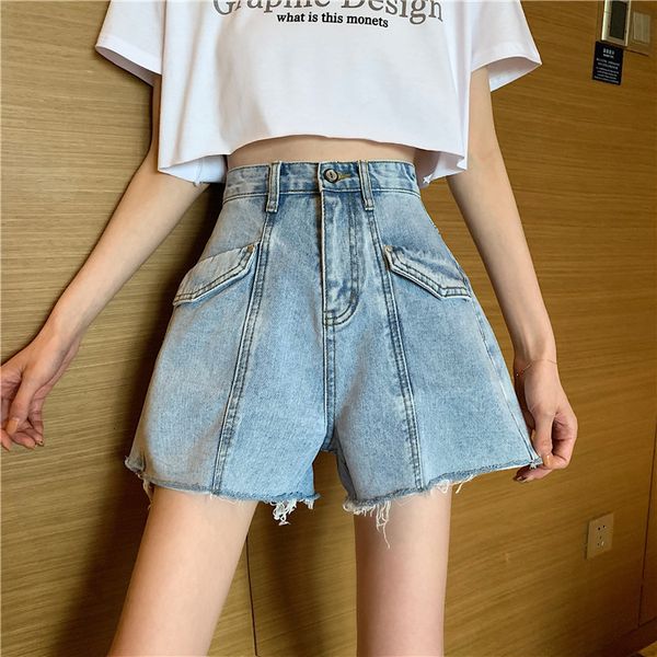 

2021 new summer casual double pocket design skinny waist-high waist-character broad leg jeans pants 2gsl, Blue