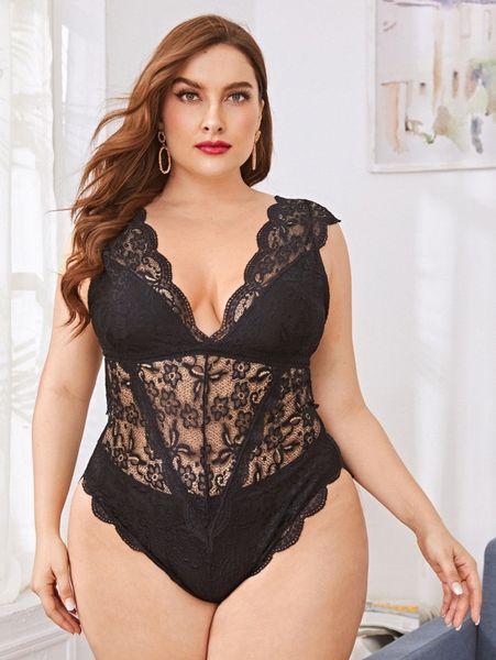 

plus floral lace scallop trim teddy bodysuit j2nc#, Black;white