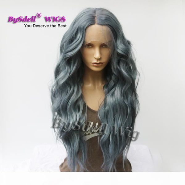 

synthetic dark smoke ash blue color hair none lace wig lace front wig long body wave peluca wigs for black white women