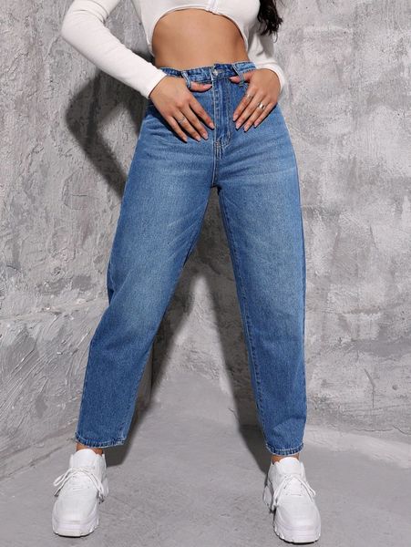

high waist mom fit jeans h97i#, Blue