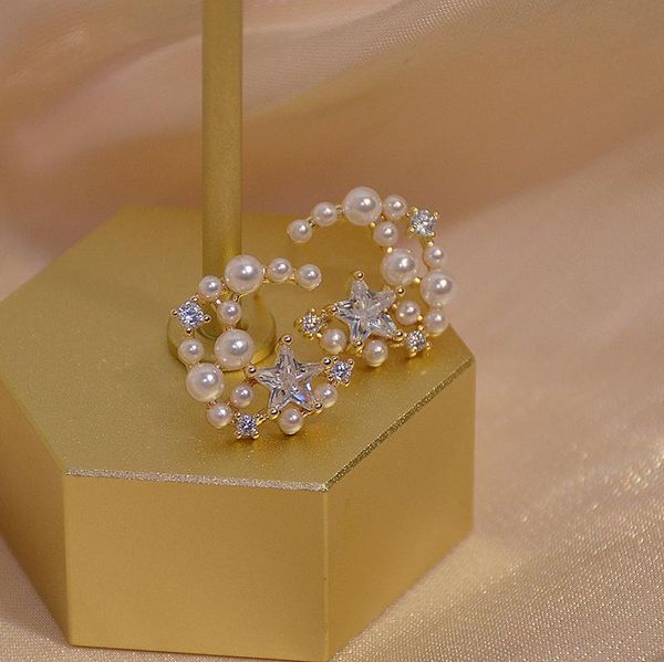 

stud japanese&korea delicate jewelry 14k real gold zircon star earrings for women luxury pearl moon, Golden;silver