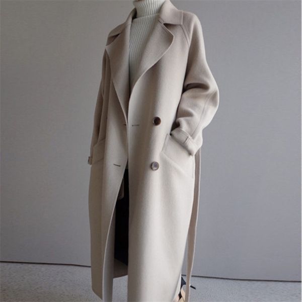 Kış Bej Zarif Yün Karışımı Kadın Kore Moda Siyah Uzun Mont Vintage Minimalist Yün Palto Deve Boy Dış Giyim LJ201109