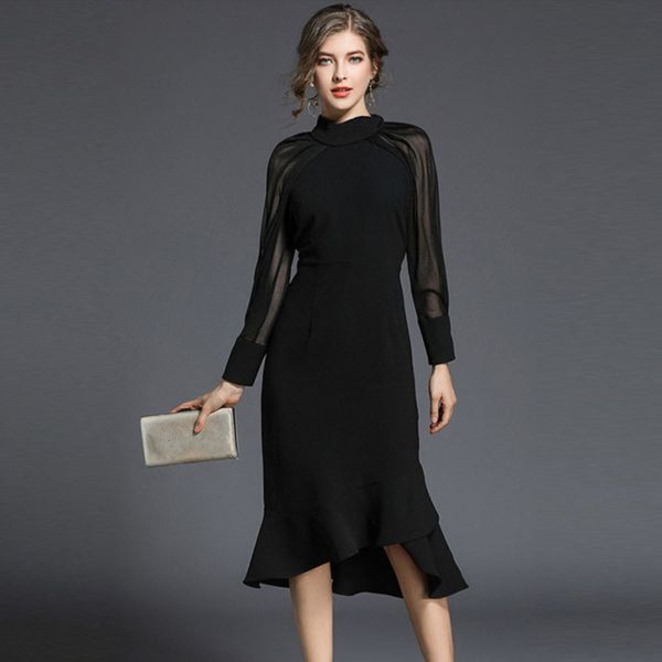 

fishtail ss19 slim commuter long sleeve wrap hip party black dress, Black;gray