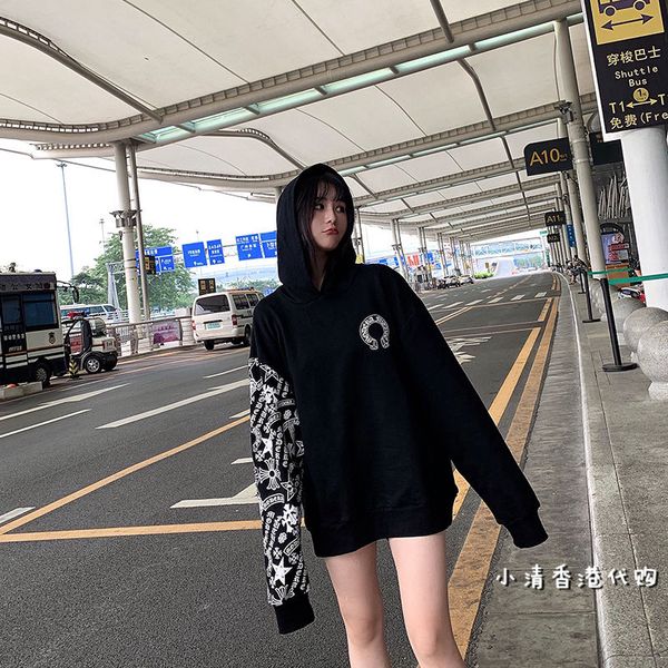 

hong kong crosin men's and women's arms printed horseshoe casual loose hoodie coat, Black