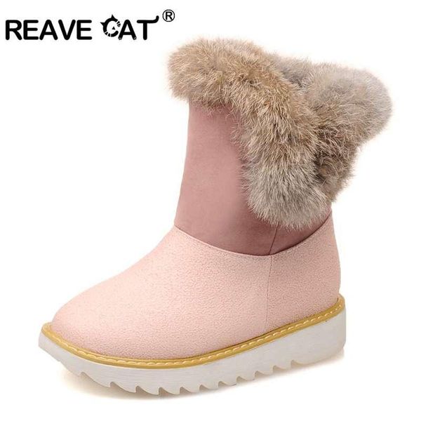 

reave cat new 2020 women boots fur plush inside warm winter snow boots female booties flat platform women ankle cute a091, Black