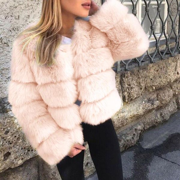 

women plus size short faux fur coat warm furry faux jacket long sleeve fashion casual jacket warm slim fake outerwear j60, Black