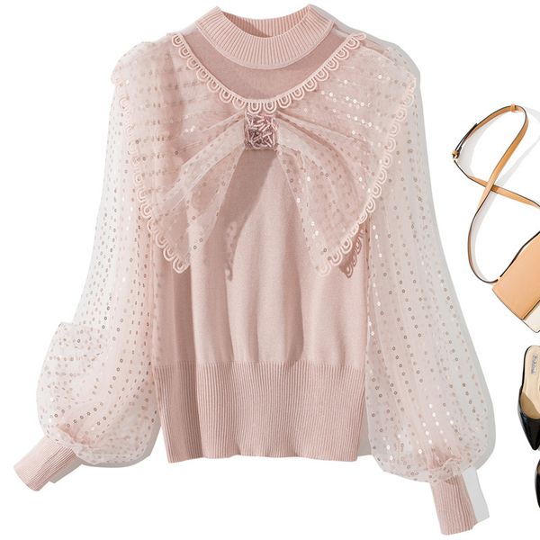 

2021 spring autumn women cute sequined bow patchwork knitted sweater lantern sleeve black pink white pullovers h1211, White;black