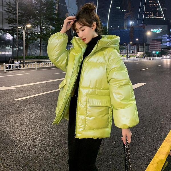 

2020 new fashion winter women bright surface candy color parkas female thick warm down cotton coat loose oversized jacket a4041, Black