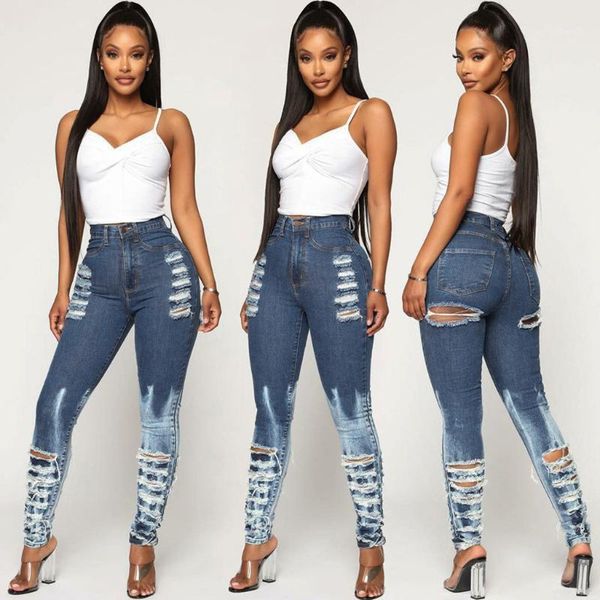 

fashion jeans women high waist elastic hole bleached pocket jeans casual denim slim tight pencil pants mujer l421, Blue