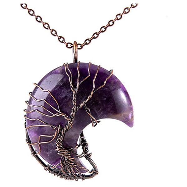 

10 pcs copper wire wrap crescent moon pendant amethyst stone necklace rock crystal classic style jewelry, Silver