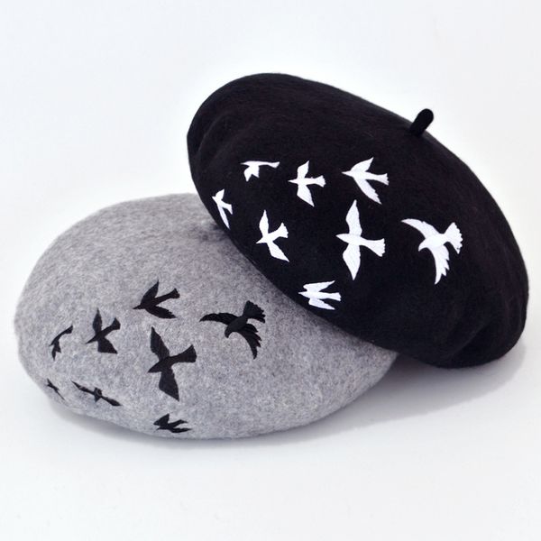 

berets 2021 autumn and winter wild 100% wool blue bird embroidery female beret fashion painter hat suitable for sweet girl blm27, Blue;gray