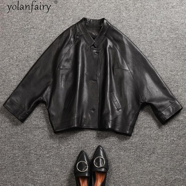 

2020 real leather jacket women korean autumn clothes vintage sheepskin coat female biker oversized leather jackets kj61941, Black