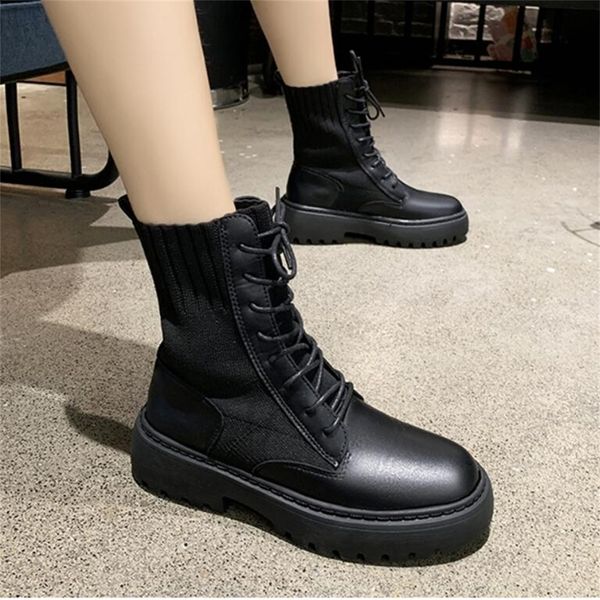 

aiyuqi springtime women shoes genuine leather flat ankle boots platform socks shoes fashion women's shoes y200723, Black