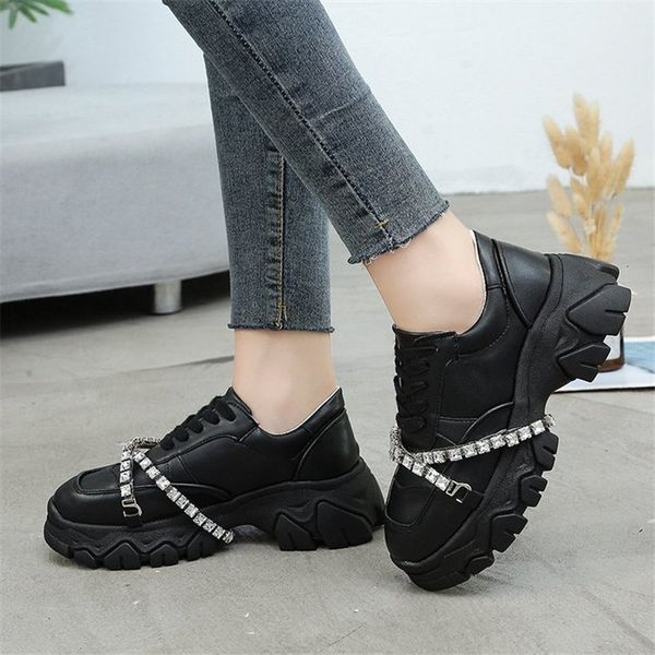 

2021 new spring thick woman father up white lace chain crystal formed casual shoes p8ba, Black;white