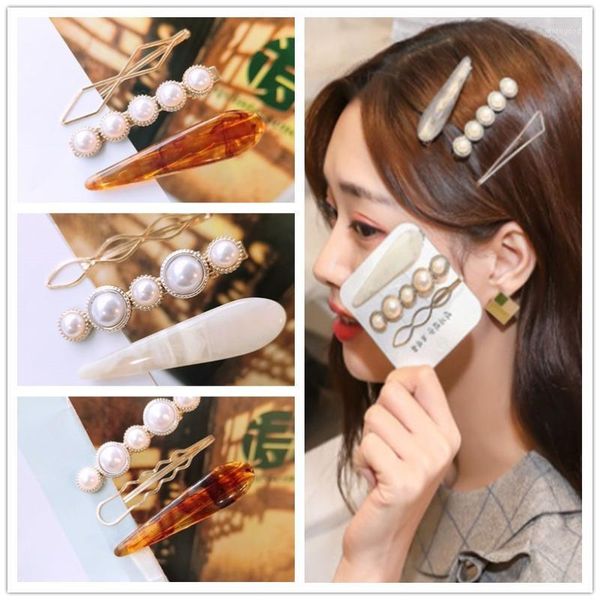 

other 3pcs korea fashion women metal hairpins marble pearl hair clips acrylic acetate geometric accessories jewelry1, Golden;white