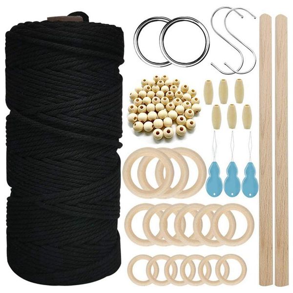 

macrame cotton cord m with macrame beads wooden wooden rope rod with hooks for plant wall hangers set, Black;white