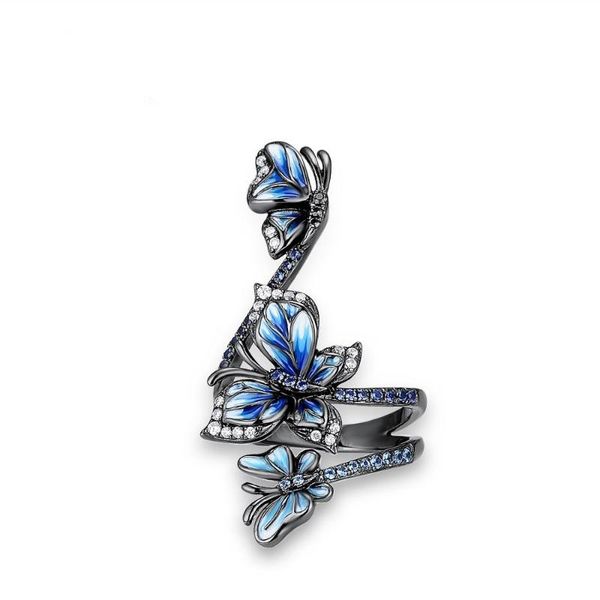 

unique design black gold butterfly animal rings for women zircon stone surrounding twist flower wedding ring gift, Slivery;golden