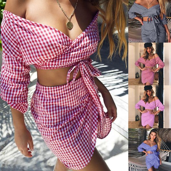 

tube chiffon check v-neck wrap arm skirt casual holiday skirt suit women designer clothes women s clothing 2 piece set, White