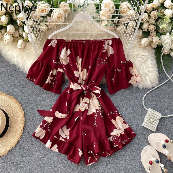 

neploe ruffles boho off shoulder floral print sashes jumpsuit women short summer flare sleeve playsuit beach holiday romper t200704, Black;white