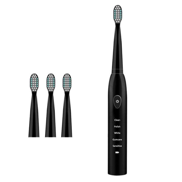 

5 mode sonic rechargeable electric toothbrush 4x brush heads waterproof ipx7 charging, black (normal usb charging