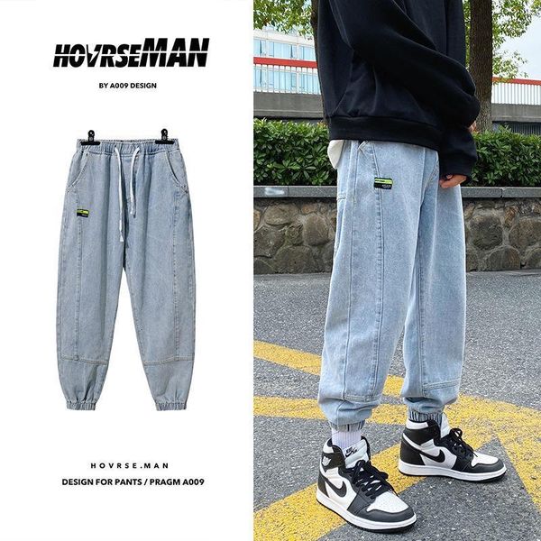 

men's jeans 2021 autumn man's straight-through solid color loose bound feet youth fashion casual pants -5xl1, Blue