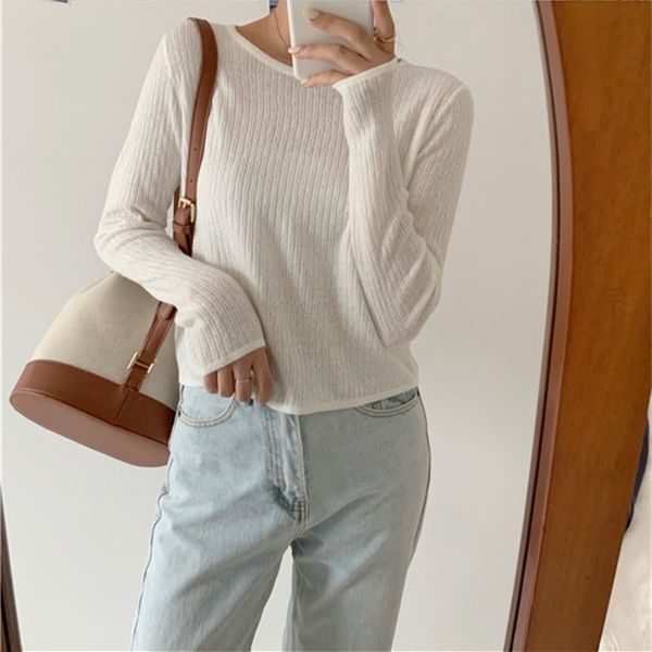

womens spring autumn elegant solid color sweaters jumper casual o-neck knitted sweater, White;black