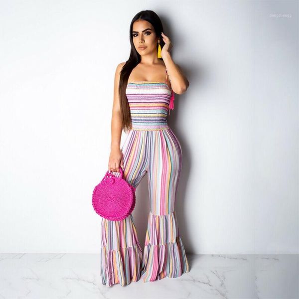 

women striped wide leg jumpsuit pant sleeveless holiday playsuit summer beach party bell-bottom pant ladies fashion clothes1, Black;white