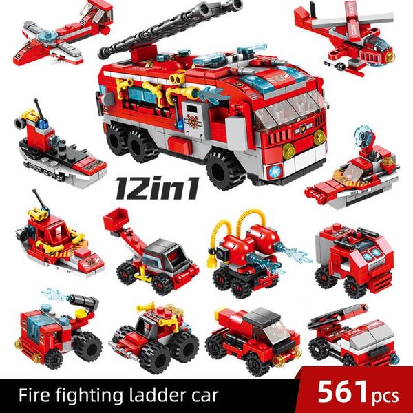 

561pcs 12in1 fire fighting trucks car helicopter boat building blocks compatible city firefighter bricks children toys wmtxgf