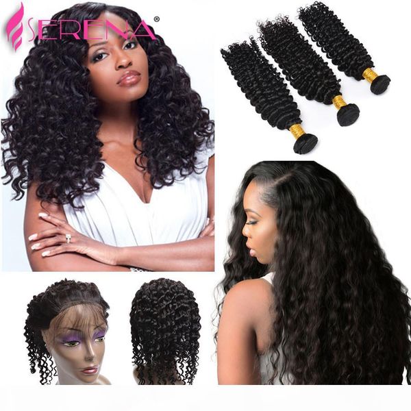 

360 lace frontal with bundle 7a indian curly weave human hair deep wave with closure 4 pcs 360 lace frontal closure with bundles, Black;brown