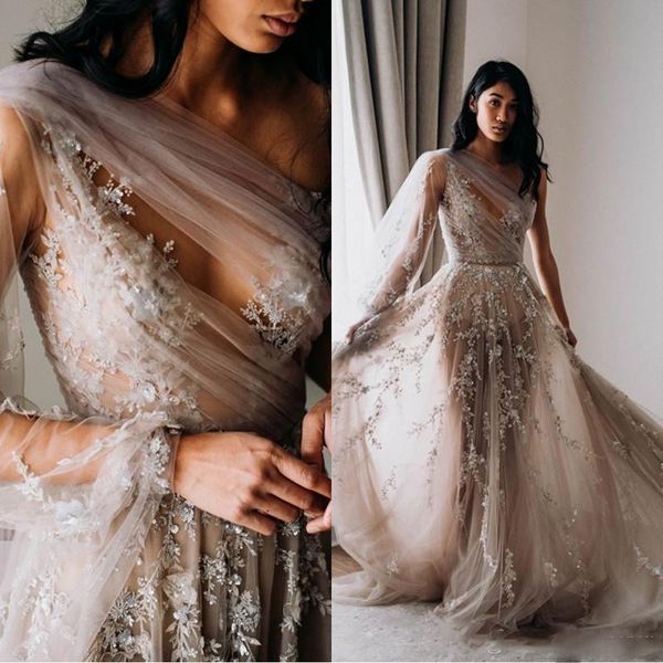 

illusion beach wedding dresses one shoulder ruched lace appliques beaded sequined bridal gowns tulle skirt wedding dress robe de mariee, White