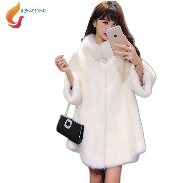 

autumn winter new imitation fur coat medium long thicken warm solid color women jacket elegant fashion large fur overcoats g410, Black