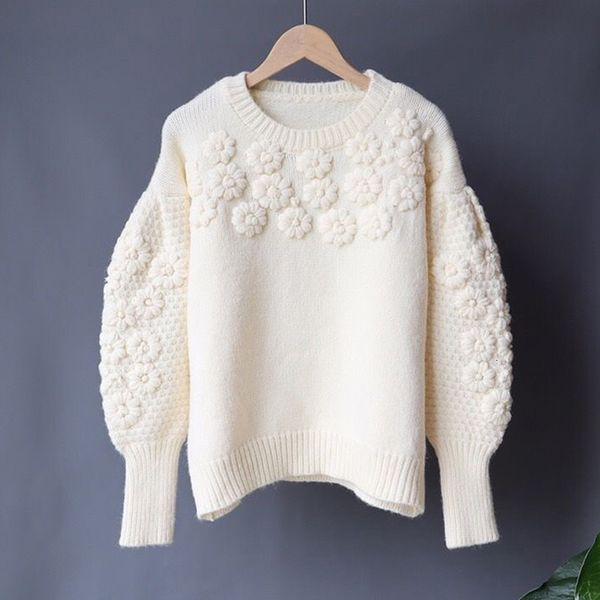 

winter fall 2021 new sweater knitted neck lantern embroidered floral loose women's nightgown tall street jumper ysa4, Black;brown