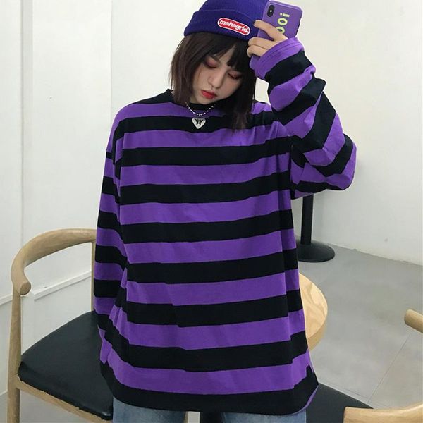 

autumn casual oversized long sleeve t-shirts female harajuku striped patchwork t shirt fashion bf hip hop streetwear student top, White